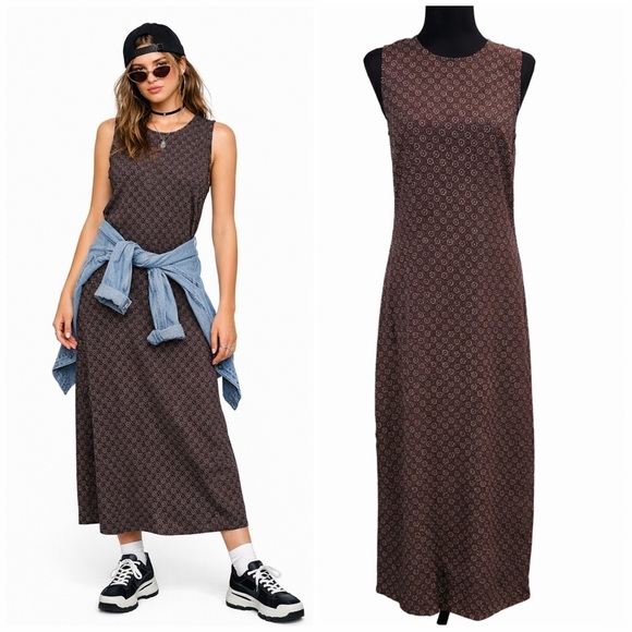 Old Navy Dresses & Skirts - Vintage Old Navy 90s Chocolate Brown Print Midi Dress Sz 4 Rayon Sleeveless